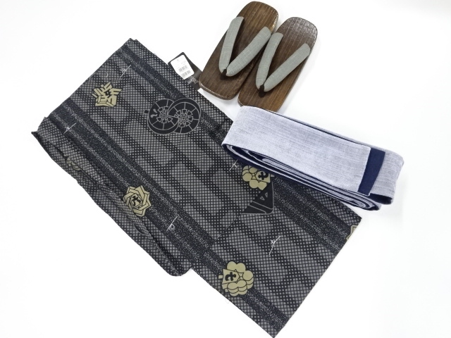 JAPANESE KIMONO / DASHI DECORATIVE PATTERN MENS YUKATA / KAKU OBI / GE